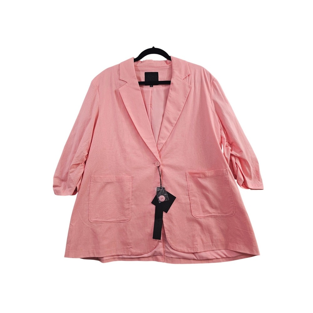 Mina Self Blazer Jacket Wmns XXL Pink Solid Cotton Linen Ruched 3/4 Sleeve Lined